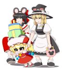  &gt;:3 :3 animal_ears annoyed apron ascot bad bag black_hair blonde_hair bow box carrying chibi commentary detached_sleeves flandre_scarlet gift gift_box hair_bow hair_tubes hakurei_reimu hat hat_bow hat_ribbon holding_hands japanese_clothes kirisame_marisa large_bow miko mouse_ears multiple_girls pointing red_eyes ribbon side_ponytail touhou waist_apron wings witch_hat yamato_damashi yellow_eyes 