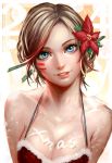  1girl blonde_hair blue_eyes body_writing breasts bust christmas cleavage face facial_mark flower hair_flower hair_ornament large_breasts lucha_cha original short_hair smile solo 