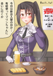  1girl alcohol anti_(untea9) beer beer_mug black_hair black_necktie brown_eyes chopsticks commentary_request cup food gloves highres jacket kantai_collection long_hair mug nachi_(kancolle) nachi_kai_ni_(kancolle) necktie omelet purple_jacket side_ponytail sign solo speech_bubble tamagoyaki thought_bubble translation_request upper_body white_gloves 