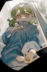  1boy absurdres blue_pajamas blue_pants blue_shirt brown_eyes buttons from_below giovanni_(project_moon) green_hair green_nails highres hospital id_bracelet indoors intravenous_drip kneeling lobotomy_corporation male_focus pajamas pants project_moon shirt short_hair solo toeiki_c 