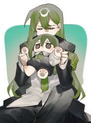  1boy absurdres animal_hands annoyed armband black_jacket black_jumpsuit black_pants black_suit character_doll collared_shirt dress_shirt frown green_armband green_hair green_nails green_neckerchief green_necktie hair_between_eyes highres jacket jumpsuit lapels lobotomy_corporation long_hair long_sleeves neckerchief necktie netzach_(project_moon) pants project_moon shirt short_jumpsuit simple_background sitting sleeveless_jumpsuit solo suit suit_jacket toeiki_c untucked_shirt upper_body v-shaped_eyebrows very_long_hair white_shirt 
