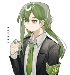  ... 1boy armband black_jacket bow brown_eyes collared_shirt dress_shirt eyebrow_cut green_armband green_necktie hair_bow highres jacket lapels lobotomy_corporation long_hair male_focus necktie netzach_(project_moon) playing_with_own_hair project_moon shirt simple_background solo suit_jacket toeiki_c twintails unamused white_background white_shirt 