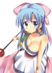  akane_souichi bare_shoulders blue_eyes blue_hair blush bow bracelet breasts cleavage dragon_quest dragon_quest_v dress earrings flora hair_bow jewelry large_breasts long_hair simple_background smile solo staff 
