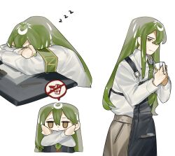  1boy apron arm_rest armband black_apron brown_eyes collared_shirt cup green_armband green_hair green_nails green_necktie grey_pants hamhampangpang head_rest highres holding holding_cup lobotomy_corporation long_hair male_focus multiple_views necktie netzach_(project_moon) pants project_moon shirt simple_background sleeping sleeping_upright sweat toeiki_c white_background white_shirt x_arms zzz 