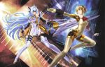  2girls aegis android blonde_hair blue_eyes blue_hair boots bow breasts crossover elbow_gloves gloves highres kos-mos lance large_breasts long_hair multiple_girls persona persona_3 polearm red_eyes shiitake_urimo short_hair slender_waist thigh_boots thighhighs underboob very_long_hair weapon xenosaga xenosaga_episode_iii 