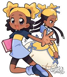  1girl aika_(kiana_mai) blonde_hair blush book bow dark-skinned_female dark_skin deformed dreadlocks dress earrings eyelashes highres hoop_earrings i_don't_want_to_be_a_magical_girl jewelry jitome magical_girl marikyuunn open_mouth shirt shoes shorts smile star-shaped_hair star_(symbol) star_guardian:_guardian_of_the_stars t-shirt very_dark_skin 