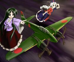  airplane animal_ears black_hair bow_(weapon) bunny_ears chanko de_havilland_mosquito flying goggles goggles_on_head hat houraisan_kaguya inaba_tewi j1n long_hair military multiple_girls nakajima_j1n nakajima_j1n_gekkou nakajima_j1n_gekkou_&quot;irving&quot; nurse_cap pink_hair reisen_udongein_inaba silver_hair touhou weapon world_war_ii wwii yagokoro_eirin 