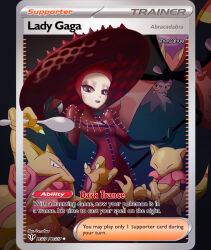 1girl abra abracadabra_(lady_gaga) absurdres black_gloves character_request claws elbow_gloves english_text gloves grey_eyes hat highres holding holding_spoon kadabra lady_gaga lady_gaga_(copyright) large_hat long_sleeves mole mole_under_eye nail_(hardware) open_mouth pokemon pokemon_(creature) pokemon_tcg pokemon_trading_card_game red_hat red_suit solo spiked_hat spoon suit text toxapex v_cahue