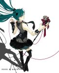  aqua_eyes aqua_hair arm_warmers bad_id boots bracelet crown floating_hair from_behind hatsune_miku high_heels highres jewelry long_hair looking_back microphone microphone_stand necktie ring saikawa_(0902k137) shadow shoes simple_background skirt solo striped striped_legwear striped_thighhighs thigh-highs thighhighs twintails very_long_hair vocaloid 