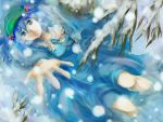  23ichiya bad_id blue_eyes blue_hair branch dress foreshortening from_above hair_bobbles hair_ornament hands hat kawashiro_nitori key lips lying on_back outstretched_hand short_hair snow solo submerged touhou twintails water 
