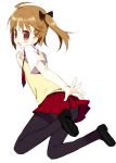  black_legwear bow brown_hair female flat_chest hair_bow hair_ribbon jumping meito_(artist) meito_(maze) necktie open_mouth original panties panties_under_pantyhose pantyhose red_eyes school_uniform shoes skirt solo sweater_vest tie twintails underwear 