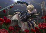  blonde_hair blue_eyes flower garden long_hair original red_rose rose sayuhime_tatsumi solo sword weapon 