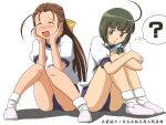  :d ? ahoge blush bow brown_hair buruma closed_eyes eyes_closed green_hair gym_uniform hair_bow kikusaka_kochou leg_hug lielos long_hair multiple_girls open_mouth sakurami_kyouko sitting smile squeeing taishou_yakyuu_musume 