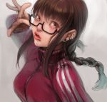  brown_eyes brown_hair bust ear_piercing face foreshortening glasses hands lips looking_away mecchori original piercing solo track_suit twin_braids 