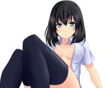  ????_(artist) bad_id black_hair black_legwear black_thighhighs blush breasts character_request copyright_request no_bra open_clothes open_mouth quol shiny shiny_skin short_hair simple_background solo thigh-highs thighhighs ã¯â½â€˜ã¯â½â€¢ã¯â½âã¯â½å“_(artist) 