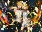  bad_id blonde_hair brother_and_sister choker detached_sleeves earphones elbow_gloves gloves green_eyes hair_ornament hair_ribbon hairclip headphones high_collar kagamine_len kagamine_len_(append) kagamine_rin kagamine_rin_(append) len_append navel ponytail popped_collar realistic ribbon rin_append short_hair shorts siblings twins vocaloid vocaloid_append yamakawa_(sato) 