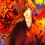  closed_eyes eyes_closed himura_kenshin leaf long_hair male maple_leaf miso_(artist) ponytail red_hair redhead rurouni_kenshin scar solo tamachi_kuwa 