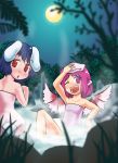  animal_ears black_hair bunny_ears bunny_tail collarbone daajirin.koucha from_behind full_moon grass inaba_tewi looking_back moon multiple_girls mystia_lorelei naked_towel night onsen open_mouth purple_eyes purple_hair red_eyes short_hair sitting tail touhou towel water wings wink 