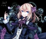  blonde_hair blue_eyes bow character_request copyright_request flower hair_bow hair_ribbon open_mouth ribbon smile solo stari 