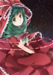  bad_id bow dress frills green_eyes green_hair hair_bow hair_ribbon kagiyama_hina long_hair ribbon shiyun smile solo touhou 