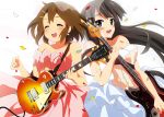  2girls akiyama_mio bare_shoulders bass_guitar black_eyes black_hair breasts brown_hair cleavage closed_eyes confetti dress electric_guitar eyes_closed guitar hair_ornament hairclip highres hime_cut hirasawa_yui instrument k-on! long_hair multiple_girls open_mouth oyu_no_kaori veil 