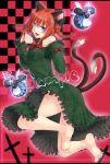  &gt;:) &gt;:d :d alternate_eye_color animal_ears arms_up barefoot blue_eyes blue_hair bow braid breasts cat_ears cat_pose cat_tail checkered checkered_background extra_ears fangs feet hair_bow halo jumping kaenbyou_rin long_dress looking_at_viewer multiple_tails open_mouth paw_pose payot red_hair redhead ryou_(pixiv779953) ryou_(rmssre3783) sample slit_pupils smile solo tail toes touhou twin_braids zombie_fairy 