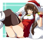  1girl amagami black_eyes black_legwear black_thighhighs blue_eyes boots brown_eyes brown_hair brown_legwear christmas hat kamizaki_risa legs_up long_hair open_mouth panties pantyshot pantyshot_(sitting) pantyshot_sitting sack santa_costume santa_hat shouji_2 sitting solo thigh-highs thighhighs thighs underwear upskirt white_panties wrist_cuffs 