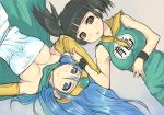  black_eyes black_hair blue_eyes blue_hair blush breasts circlet cleavage dragon_quest dragon_quest_iii elbow_gloves fighter_(dq3) gloves large_breasts lowres lying mahito rotational_symmetry sage_(dq3) smile 