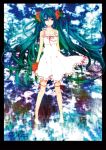  barefoot casual dress flower green_hair hatsune_miku highres legs long_hair meola very_long_hair vocaloid white_dress 