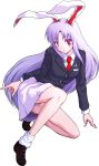  animal_ears arm_support blazer bunny_ears crescent loafers long_hair looking_at_viewer loose_socks lowres m-shiganai necktie one_knee panties pointing purple_eyes red_eyes reisen_udongein_inaba shoes socks solo striped striped_panties touhou transparent_background underwear very_long_hair violet_eyes 