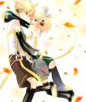  1girl absurdres aqua_eyes bad_id blonde_hair blue_eyes brother_and_sister couple detached_sleeves earphones female hair_ornament hair_ribbon hairclip headphones hechima_(issindotai) highres hug issindotai kagamine_len kagamine_len_(append) kagamine_rin kagamine_rin_(append) leg_warmers len_append male navel ponytail ribbon rin_append short_hair shorts siblings smile twins vocaloid vocaloid_append 