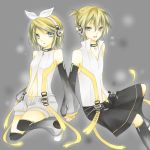  arm_warmers blonde_hair brother_and_sister detached_sleeves hair_ornament hair_ribbon hairclip headphones kagamine_len kagamine_len_(append) kagamine_rin kagamine_rin_(append) kuroi_(liar-player) len_append ribbon rin_append short_hair shorts siblings smile twins vocaloid vocaloid_append 