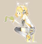  1girl blonde_hair chibi detached_sleeves earphones female gloves headphones kagamine_rin kagamine_rin_(append) long_gloves musical_note pinkie ribbon short_hair smile solo vocaloid vocaloid_append |_| 