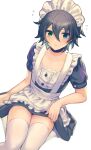  1boy alternate_costume apron bangs black_choker black_dress blue_eyes blush choker closed_mouth collarbone commentary_request crossdressinging dress enmaided eyebrows_visible_through_hair flying_sweatdrops frilled_apron frills from_above green_eyes green_hair hair_between_eyes heterochromia hypnosis_mic looking_at_viewer maid maid_apron maid_headdress male_focus mole mole_under_eye mole_under_mouth otoko_no_ko puffy_short_sleeves puffy_sleeves shiny shiny_hair short_dress short_sleeves simple_background sitting solo sweatdrop thigh-highs white_background white_legwear yamada_saburou yoruhachi 