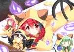  &gt;_&lt; 4girls animal_ears black_hair black_wings blazblue blush blush_stickers braid buttons cat_ears cat_tail chibi closed_eyes eating green_hair hair_ribbon heart highres hood kaenbyou_rin komeiji_koishi komeiji_satori long_hair multiple_girls open_mouth pink_hair red_eyes redhead reiuji_utsuho ribbon sakurano_asahi sleeping smile tail taokaka taokaka_(cosplay) third_eye touhou twin_braids wings |_| 