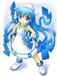  blue_eyes blue_hair dress hands_on_hips hat highres ikamusume long_hair makkusu_(pixiv) shinryaku!_ikamusume solo tentacle_hair 