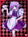  blue_eyes blue_hair border braid card card_(medium) cards checkered checkered_background falling_card heart holding holding_card izayoi_sakuya maid maid_headdress mandara_misaki playing_card purple_hair red_border short_hair solo touhou twin_braids 