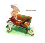  1girl avenger bandage bandages bench caren_ortensia closed_eyes couple dress eyes_closed fate/hollow_ataraxia fate/stay_night fate_(series) lap_pillow long_hair lying parasol sandals shinkai shinkai_(love-the-earth) sitting sleeping smile tattoo umbrella 