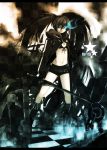 bikini_top black_hair black_rock_shooter black_rock_shooter_(character) blue_eyes boots coat front-tie_top glowing glowing_eyes highres long_hair midriff navel omega.ep pale_skin scar short_shorts shorts solo sword twintails very_long_hair weapon 