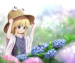  bad_id blue_eyes blurry depth_of_field dew_drop flower frog hand_on_hat hat hydrangea jpeg_artifacts moriya_suwako nature outdoors outside sen_otoko short_hair smile solo touhou water_drop 