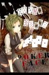  artist_request blue_eyes card card_background face_paint facepaint floating_card formal garters gloves green_hair gumi highres holding holding_card horns necktie poker_face_(vocaloid) short_hair sleeves_pushed_up solo suit thigh-highs thighhighs too_mizuguchi vocaloid 