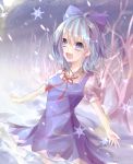  bad_id blue_eyes blue_hair bow cirno hair_bow looking_at_viewer open_mouth outstretched_arms perfect_cherry_blossom ribbon shain_roki snow snowflakes solo spread_arms touhou 