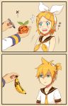  blonde_hair blush food fruit hair_ornament hair_ribbon hairclip headphones holding holding_fruit kagamine_len kagamine_rin kaito orange ribbon short_hair sweatdrop toku_(ke7416613) vocaloid 