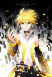  bass_clef blonde_hair blue_eyes choker detached_sleeves headphones kagamine_len kagamine_len_(append) len_append looking_at_viewer male nail_polish nardack navel outstretched_arm petals popped_collar short_hair sleeveless vocaloid vocaloid_append 