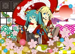  aqua_eyes aqua_hair bad_id bird blonde_hair blue_eyes butterfly cherry_blossoms egasumi flower hatsune_miku highres japanese_clothes lily_(vocaloid) multiple_girls oriental_umbrella pinwheel sakisato_kiriko sarashi seigaiha smile twintails umbrella unmoving_pattern vocaloid 