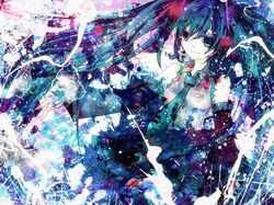  abstract aqua_eyes aqua_hair bad_id detached_sleeves hatsune_miku long_hair necktie sazanami_shione shio_(pixiv1167246) skirt solo twintails very_long_hair vocaloid 