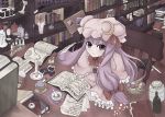  book bottle chemistry crescent crescent_moon flask hat knife long_hair mono_(hukutuu) mortar mushroom patchouli_knowledge pestle pocket_watch pocky purple_eyes purple_hair science solo test_tube touhou violet_eyes watch 