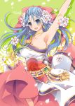  arm_up armpits blue_eyes blue_hair blush bow breasts cleavage dragon_quest dragon_quest_v dress earrings flora flower green_background hair_bow hair_flower hair_ornament jewelry kotoji large_breasts long_hair pink_dress skindentation solo 