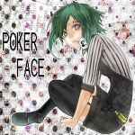  blue_eyes card card_in_mouth face_paint facepaint garters green_hair gumi horns mouth_hold poker_face_(vocaloid) short_hair solo tcb thigh-highs thighhighs vocaloid 