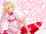  bad_id barefoot blonde_hair blue_eyes blush bow capelet cherry_blossoms dress fairy grin hat lily_white mkcrf petals sash sitting smile solo torii touhou wings 